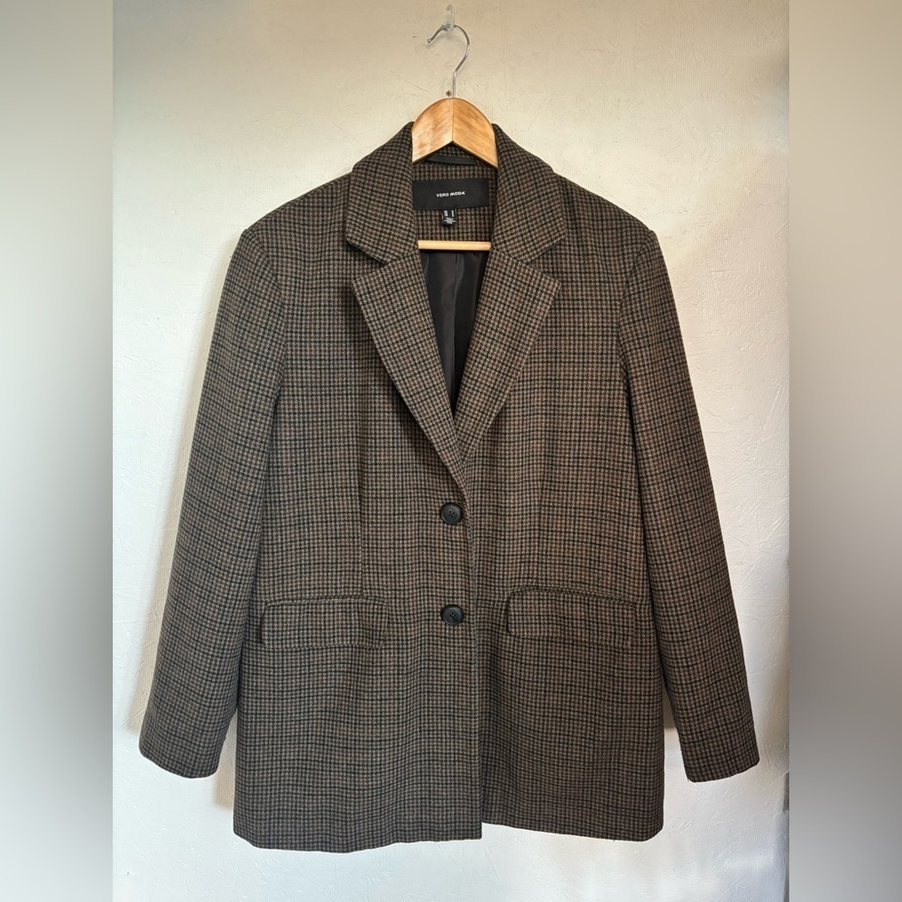 Vero Moda Houndstooth Grey Black Brown Recycled Wool Blend Knit Blazer Jacket - Picture 5 of 12